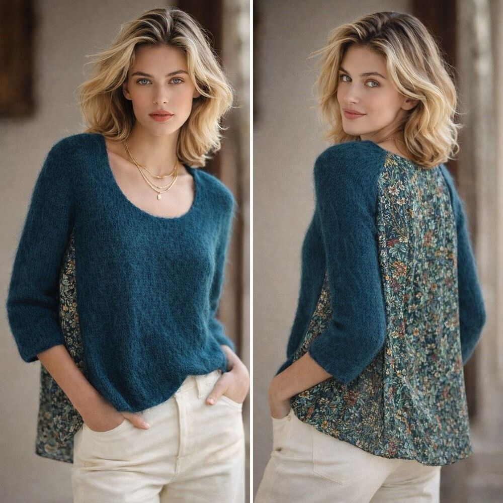 Augden New York Alpaca & Silk Mixed-Media Sweater Top XS Teal Boho Artisan